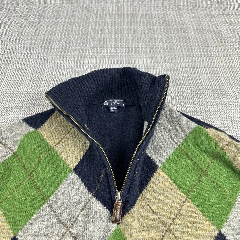 J Crew Lambswool Argyle Sweater Mens Medium 1/4 Zip Blue Preppy Academia